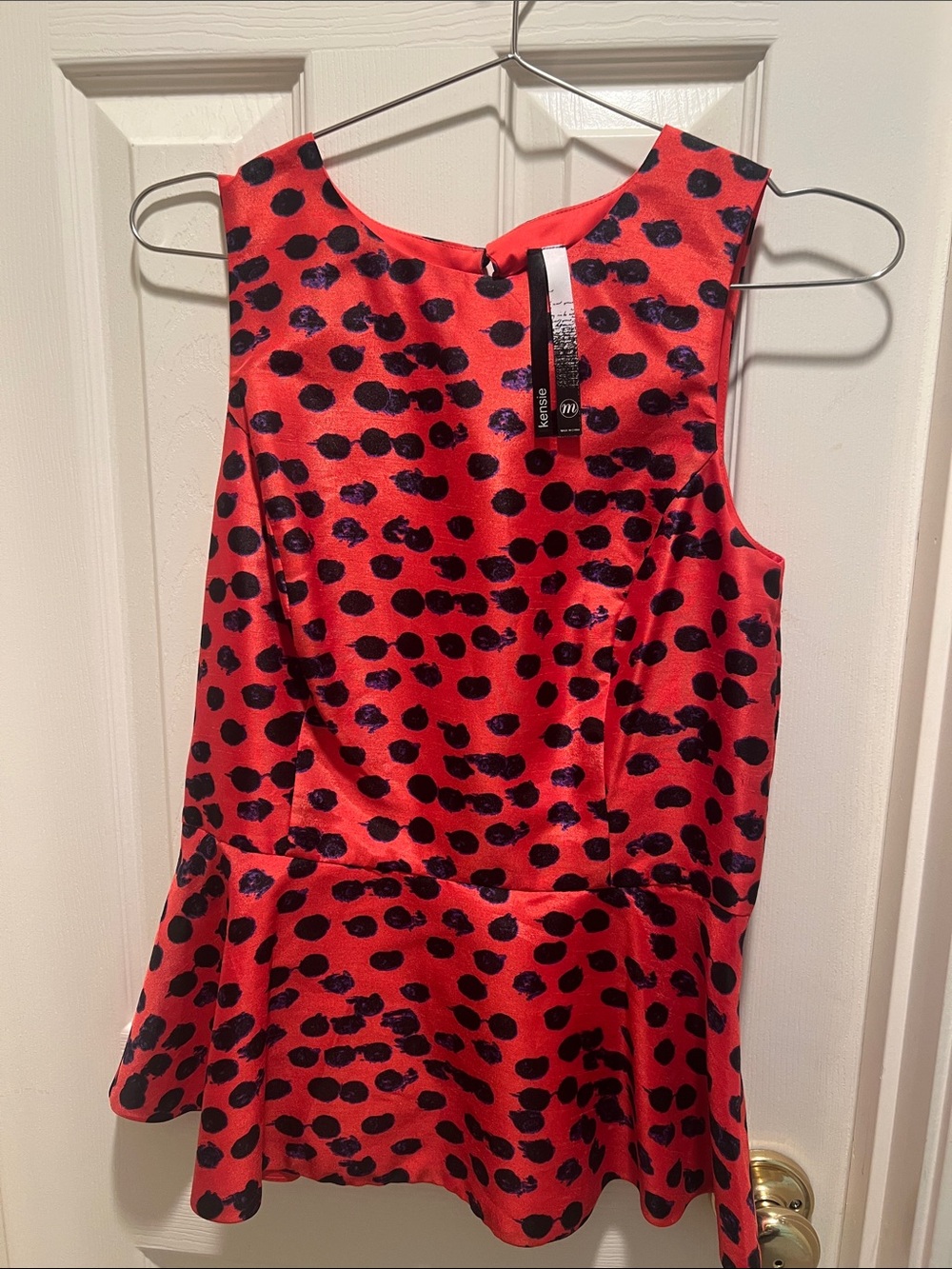 Kensie Red Sleeveless Polka Dot Peplum Blouse